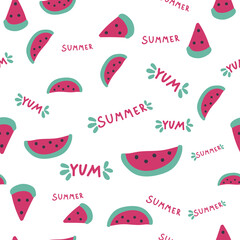 Watermelon slices seamless pattern, summer pattern with yum-yum lettering