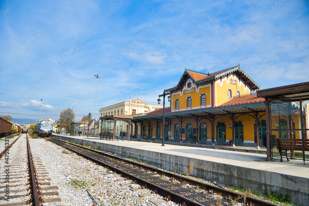 Sticker Greece, Volos Railway Station, Vintage Architecture. emblematic building of the city of Volos