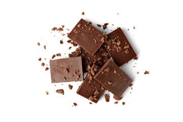 Chopped chocolate isolated on white background.