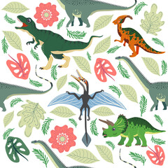 Doodle dinosaur pattern. Seamless textile dragon print, trendy childish fabric background, cartoon dinosaurs. © MichiruKayo