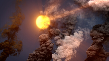 pillar of toxic smoke from urban fire on dirty sky with sun - industrial 3D rendering