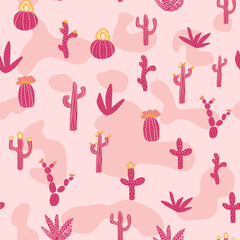 Seamless patterns with different cacti. Bright repeating texture with pink cacti. Background with desert plants.