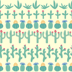 seamless pattern with different cactus. Bright repeated texture with green cacti. Natural background with desert plants