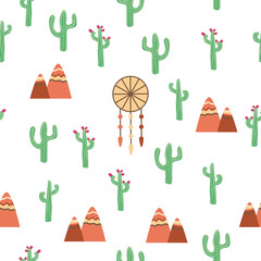 Vintage beautiful seamless desert pattern illustration. Landscape with cactus, mountains, clouds, dreamcatcher © MichiruKayo