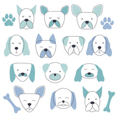 Collection of facial expressions of different breeds of dogs. Cute baby style, suitable for newborns