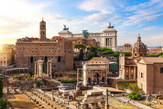 Roman forum, view of the temples, ancient houses and other famous ancient ruins, Rome, Italy