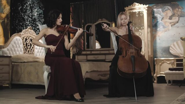 cute girls play in a beautiful room. violin and cello. repetition . duet of musicians