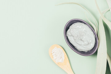 Cosmetic clay mask next to clay powder and eucalyptus leaves