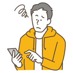 スマホを使う悩む男性　シンプルイラスト