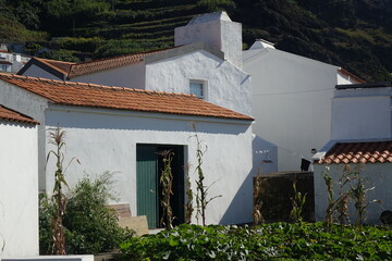Typical white stones houses in Vila do Corvo, Corvo, Azores, Portugal