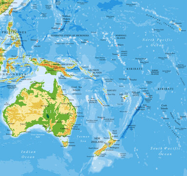 Oceania highly detailed physical map