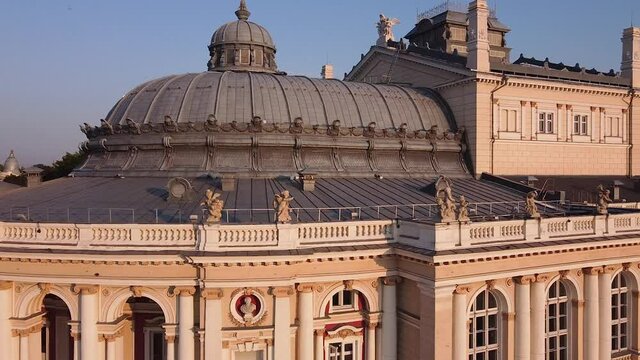 Odessa Ukraine opera theater dome facade details at sunrise