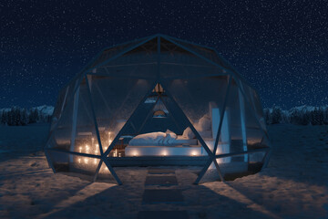 3d rendering of geodesic dome hut with glass panels in the starry night - obrazy, fototapety, plakaty