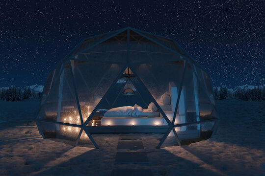 3d rendering of geodesic dome hut with glass panels in the starry night