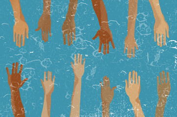 Różne kolory skóry dłonie wyciągnięte przed siebie pod wodą