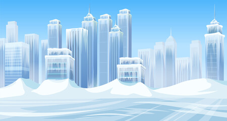 Ice age in modern city. Poster skyscrapers, mountains of snow and buildings. Frozen town after snowfall storm. Aftermath of natural disaster. Cartoon game vector illustration.