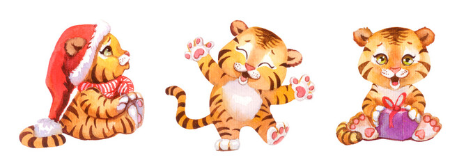 A little happy Tiger, a symbol of the 2022 New Year. Watercolor illustration, hand painted, isolated on white background. Image for greetings, posters, cards, wrappings, decorations, design objects.