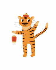 Cute smiling Chinese tiger cub with a flashlight in his paw. Vector illustration in flat style.