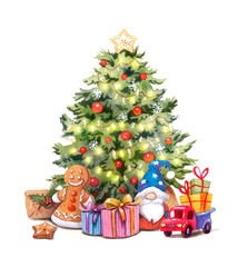 Watercolor illustration of Christmas tree, decorated with lights and red balls. Toys, gifts, cookies and presents. Isolated on white background. Image for greetings, cards, posters, wrapping, objects.