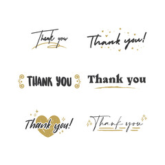 Thank you text lettering collection. Thanks message in hand drawn style typo. Handwriting letter with golden frames collection.