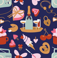Vector illustration set of cute objects and icons for Valentine s Day. Seamless pattern.