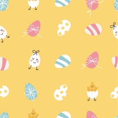 Vector illustration for Easter holiday. Seamless pattern with set of painting eggs.