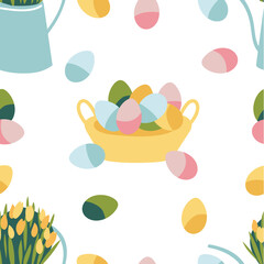 Vector illustration for Easter holiday. Seamless pattern with set of painting eggs.