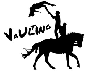 Black and white vector flat illustration: elegant vaulting horse and rider silhouette