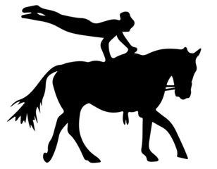 Black and white vector flat illustration: elegant vaulting horse and rider silhouette - obrazy, fototapety, plakaty