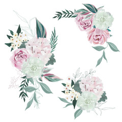 Lush oil painted floral bouquets, hand drawn vector
