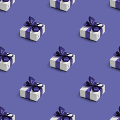 Seamless pattern with cute gifts on purple background. Color of the year 2022 Very Peri.