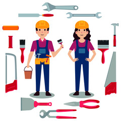 male and female industrial or construction employees character vectors, and construction tools