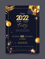 Happy New Year party invitation flyer poster or web banner template with black background and gold text