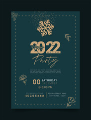 Fototapeta na wymiar Happy New Year party invitation flyer, poster or web banner template with green background and gold text