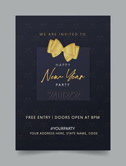 Happy New Year 2022 party invitation flyer poster or web banner template with black background and gold bow and text