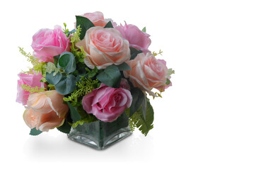 front view colorful roses and flowers bouquet in glass vase on white background, nature, decor, retro, valentine, copy space