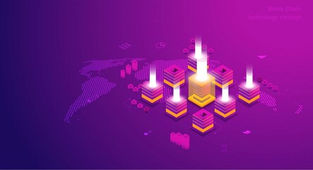 Block chain global network technology concept and Isometric digital blocks connection and  and shapes crypto chain,global computer network Internet technology,Abstract technology background.