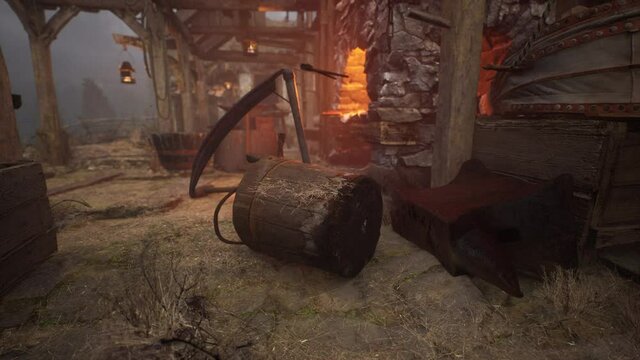 blacksmiths tools hammer and anvil in old blacksmiths workshop