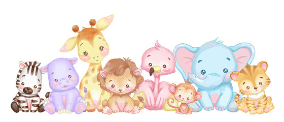 Plakat Cute animals vector and watercolor illustration.