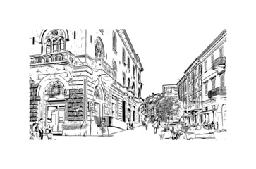 Building view with landmark of Lodi is the 
city in California. Hand drawn sketch illustration in vector.