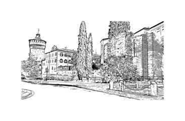 Obraz premium Building view with landmark of Lodi is the city in California. Hand drawn sketch illustration in vector.