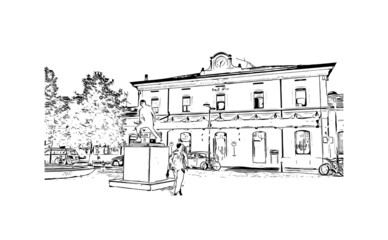 Building view with landmark of Lodi is the 
city in California. Hand drawn sketch illustration in vector.