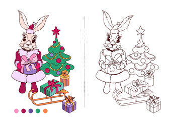Coloring pages, Christmas bunny. Coloring book for children, black and white vector illustration with an example. Holiday for the New Year. 