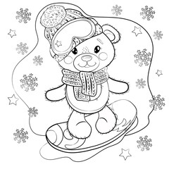 Cute Cartoon Teddy Bear in a knitted scarf, hat, glasses and on a snowboard. Vector winter  outline illustration. New Year, Christmas illustration with snowflakes on the background. Coloring page.
