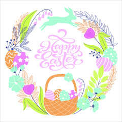 Happy Easter greeting card with hand drawn spring plants, eggs and bunny in pastel colors