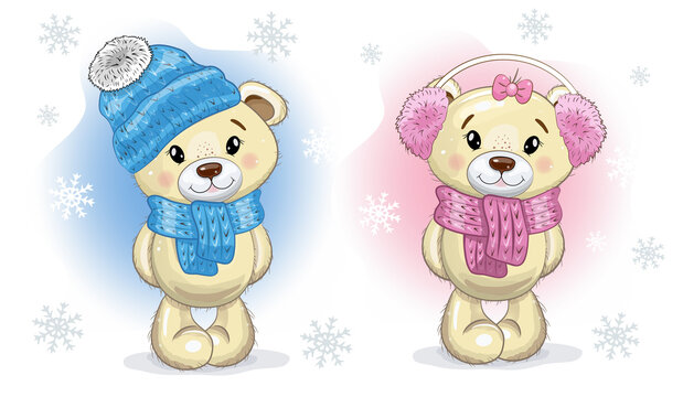 Christmas  Cute Cartoon Teddy Boy and Girl Bears in  knitted scarves, hat and headphones on a background with snowflakes. Vector illustration.