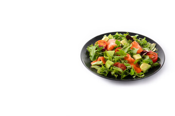 Salmon and avocado salad isolated on white background