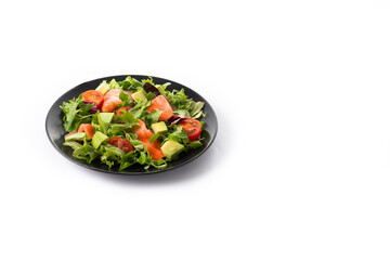 Salmon and avocado salad isolated on white background