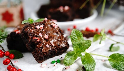 Homemade Peppermint fudge brownies on xmas holiday background, selective focus