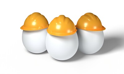 3d render illustration egg wearing construction helmet isolated on white background. Realistic white egg with yellow hardhat icon. Safety at work. Protection from injury and accidents.